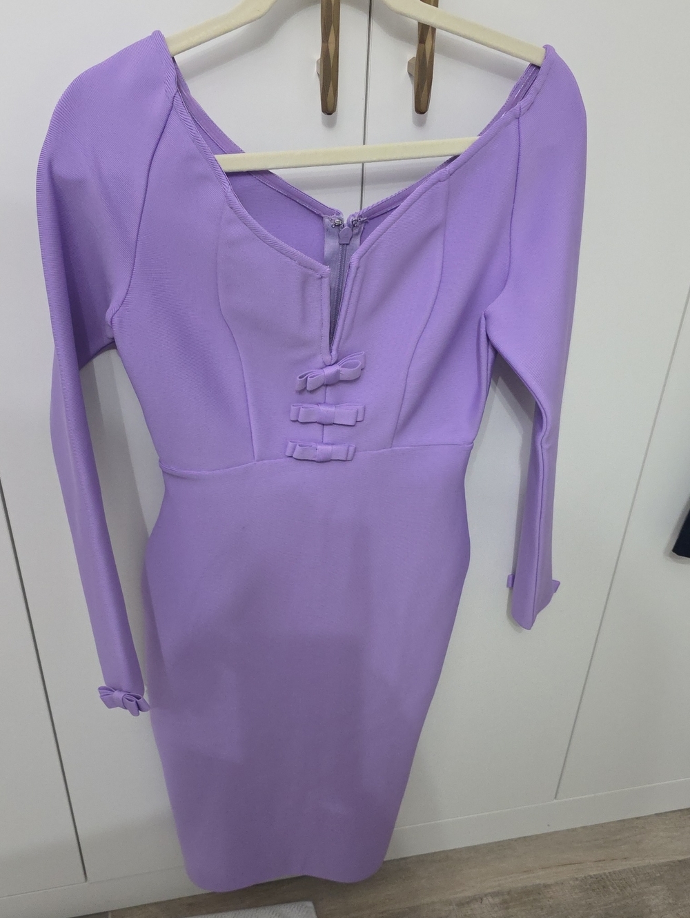 Lilac Long-Sleeve Midi Dress with Bow Accents